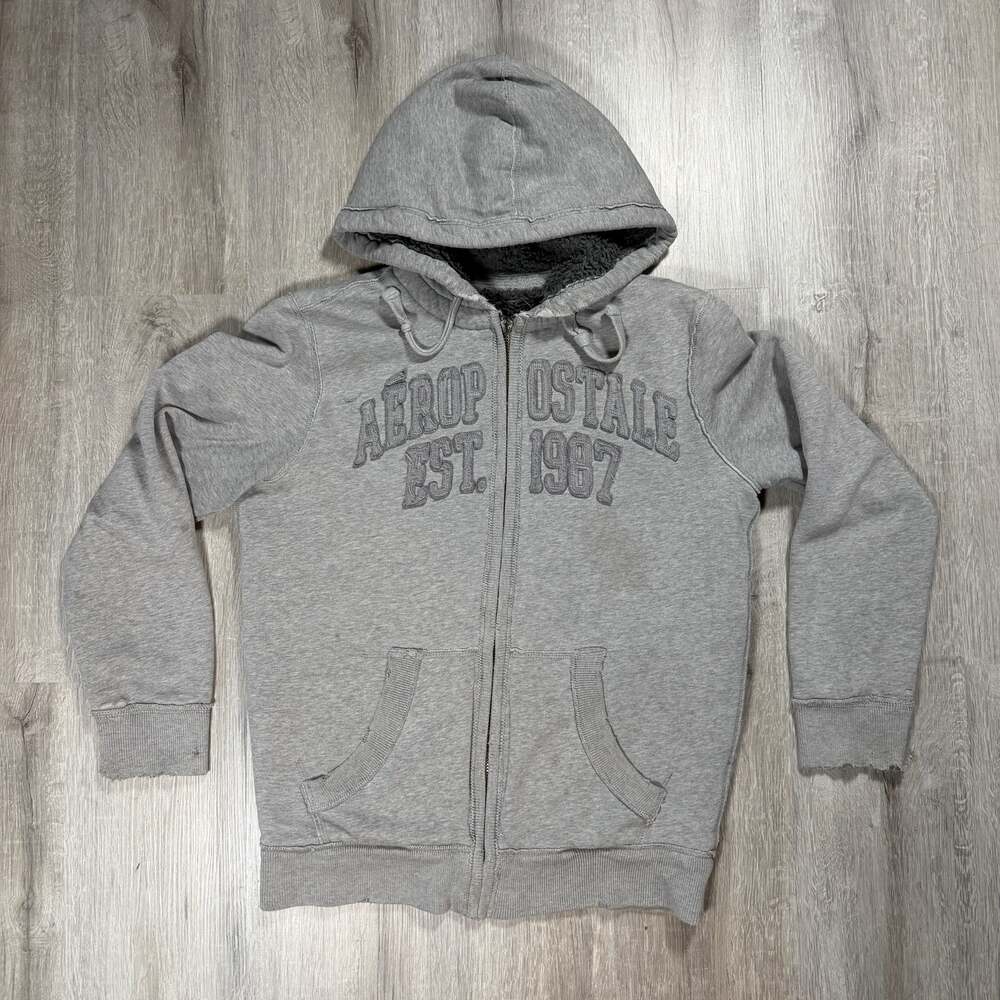 Mens Aeropostale Est. 1987 Gray Sherpa Lined Full-Zip Hoodie Y2K